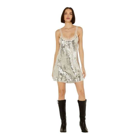 FREE PEOPLE x Intimately FP Disco Fever Mini Slip Silver Sequin Mesh Dress - Picture 4 of 15